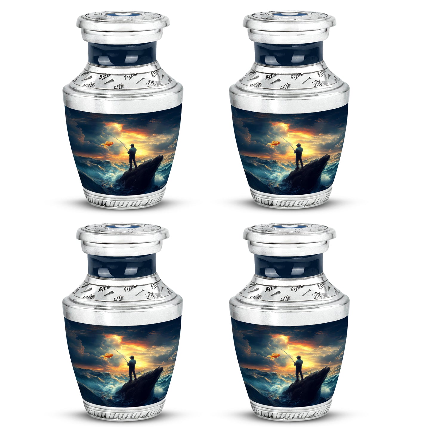 Twilight Blue Fishing Cremation Urn back view with polished surface - stylized abstract fishing pattern with bold lines - 10 inch aluminum urn for cremated remains
