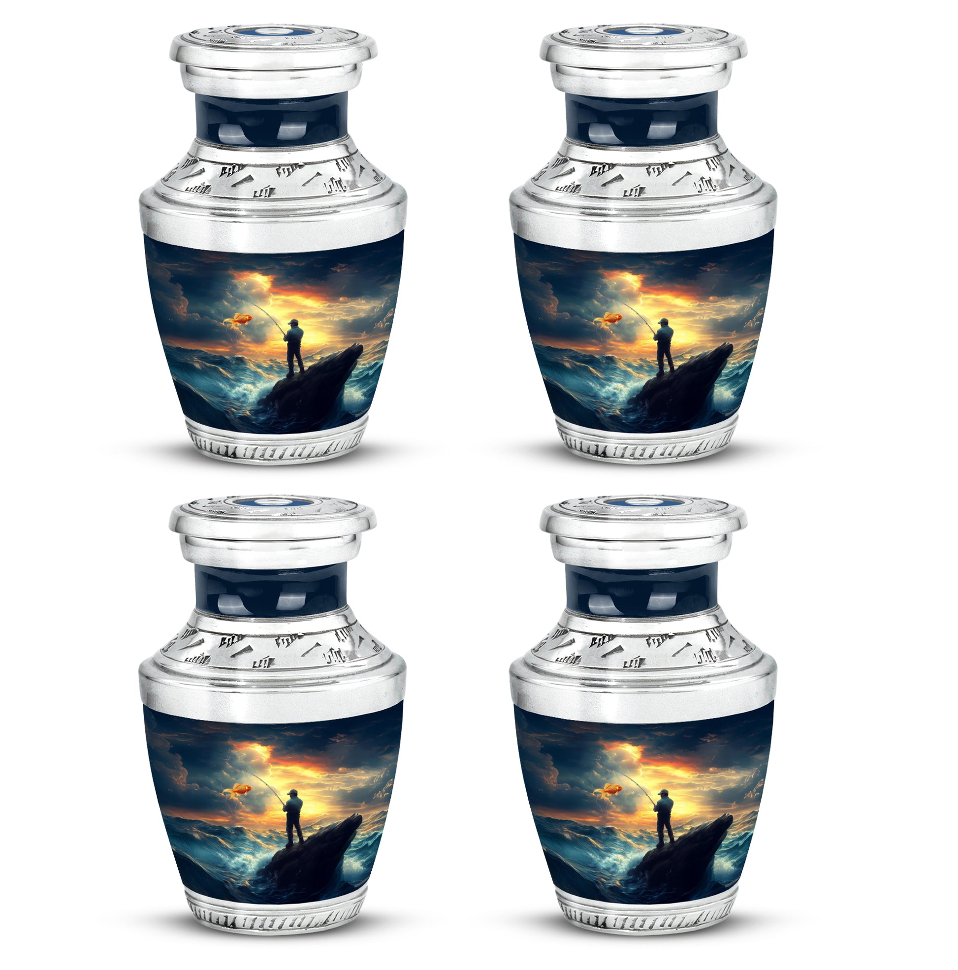 Twilight Blue Fishing Cremation Urn back view with polished surface - stylized abstract fishing pattern with bold lines - 10 inch aluminum urn for cremated remains