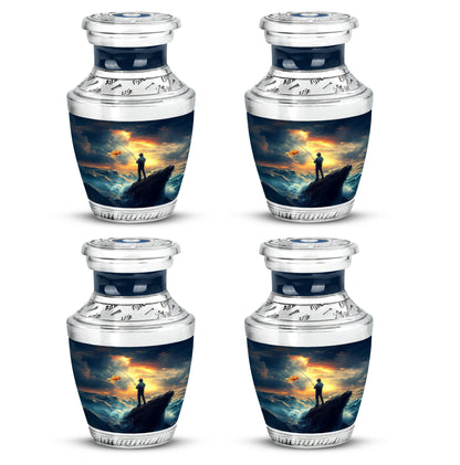 Twilight Blue Fishing Cremation Urn back view with polished surface - stylized abstract fishing pattern with bold lines - 10 inch aluminum urn for cremated remains