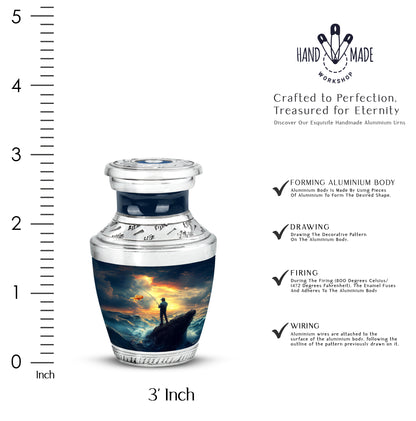 Sapphire Blue Fishing Cremation Urn top-down view of secure threaded lid - stylized abstract fishing pattern with bold lines - mini keepsake memorial for portion of cremation ashes