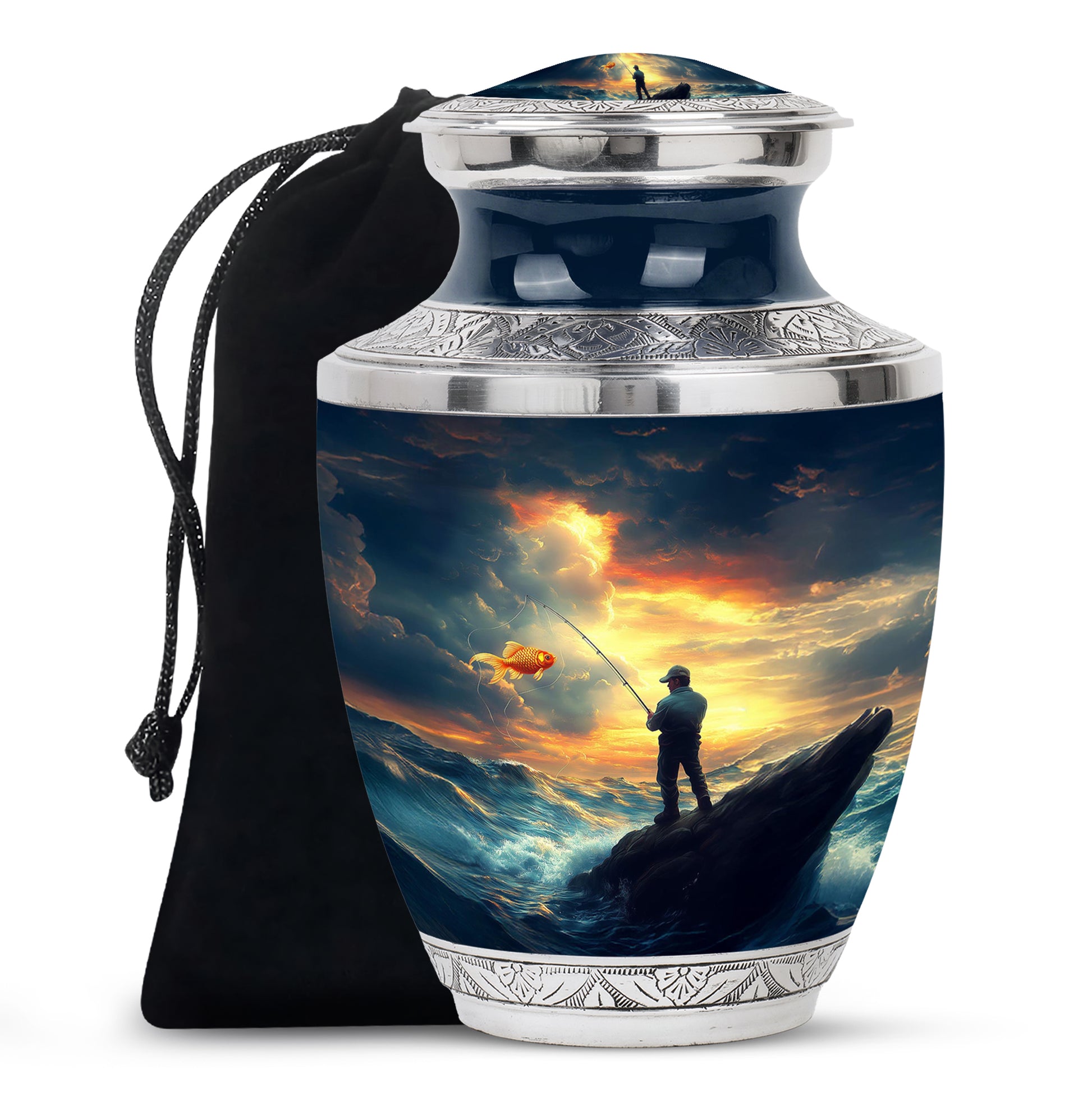 Cornflower Blue Fishing Cremation Urn side profile showing urn shape - stylized abstract fishing pattern with bold lines - full-size 10 inch 200 cubic inch adult cremation urn