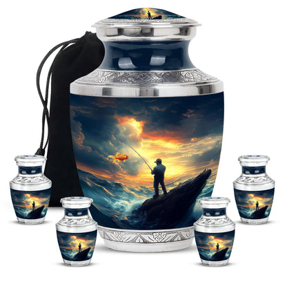 Calming Blue Fishing Cremation Urn lifestyle display on memorial shelf - stylized abstract fishing pattern with bold lines - memorial set with one large and four small urns