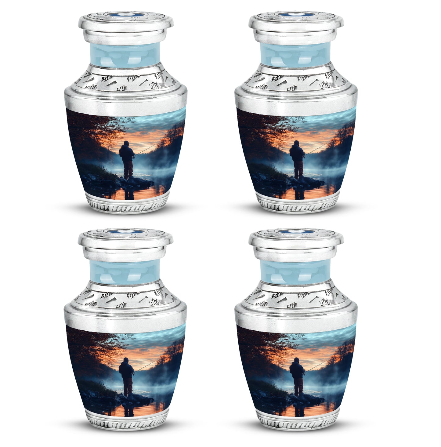 Slate Blue Fishing Cremation Urn back view with polished surface - modern art-inspired fishing motif on sleek aluminum - 10 inch aluminum urn for cremated remains