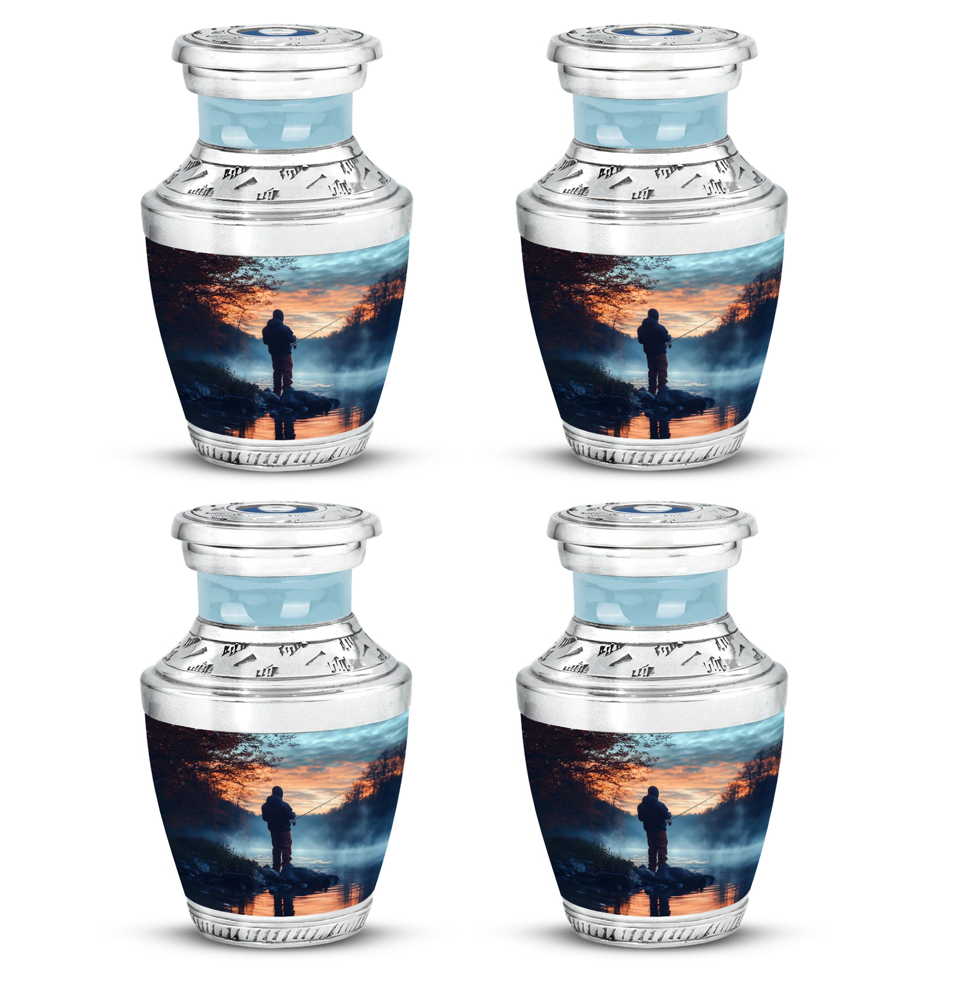 Slate Blue Fishing Cremation Urn back view with polished surface - modern art-inspired fishing motif on sleek aluminum - 10 inch aluminum urn for cremated remains