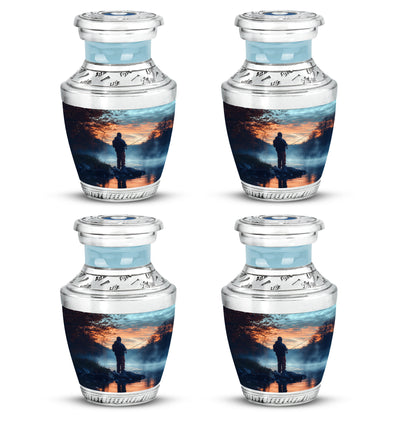 Slate Blue Fishing Cremation Urn back view with polished surface - modern art-inspired fishing motif on sleek aluminum - 10 inch aluminum urn for cremated remains