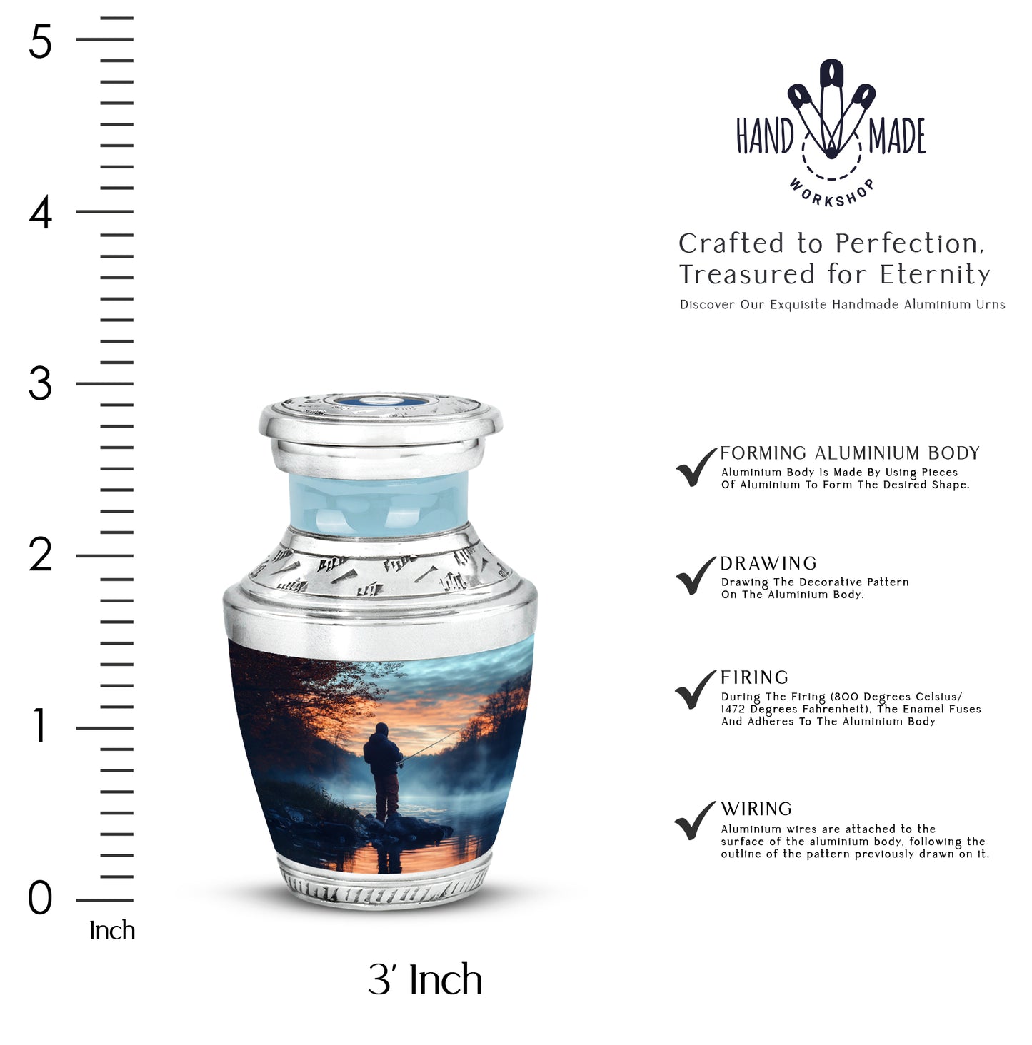 Twilight Blue Fishing Cremation Urn top-down view of secure threaded lid - stylized abstract fishing pattern with bold lines - mini keepsake memorial for portion of cremation ashes