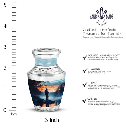 Twilight Blue Fishing Cremation Urn top-down view of secure threaded lid - stylized abstract fishing pattern with bold lines - mini keepsake memorial for portion of cremation ashes