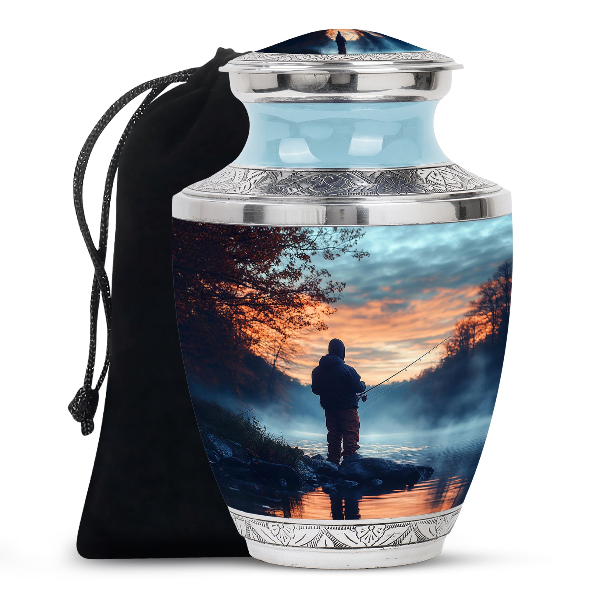 Twilight Blue Fishing Cremation Urn side profile showing urn shape - stylized abstract fishing pattern with bold lines - full-size 10 inch 200 cubic inch adult cremation urn