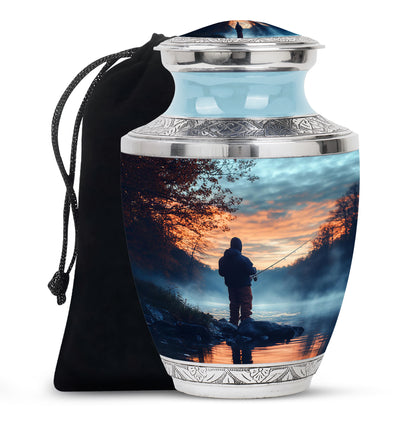 Twilight Blue Fishing Cremation Urn side profile showing urn shape - stylized abstract fishing pattern with bold lines - full-size 10 inch 200 cubic inch adult cremation urn