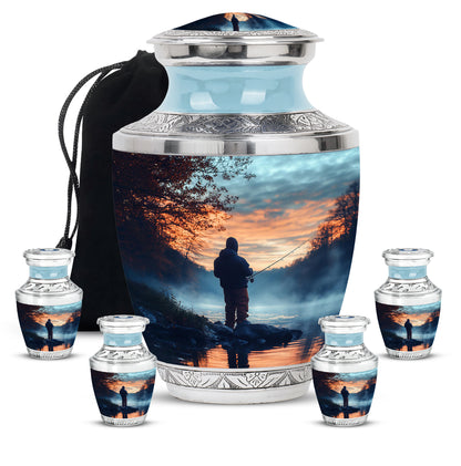 Steel Blue Fishing Cremation Urn lifestyle display on memorial shelf - stylized abstract fishing pattern with bold lines - memorial set with one large and four small urns