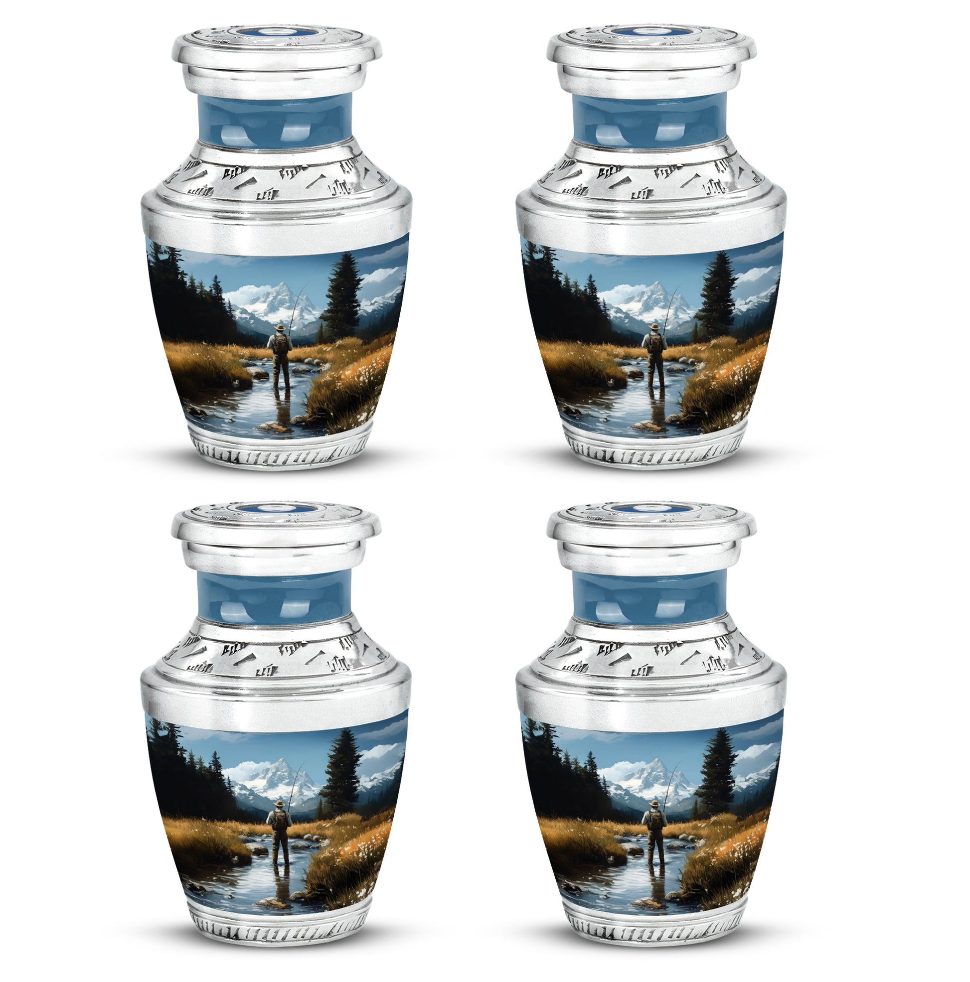 Cornflower Blue Fishing Cremation Urn back view with polished surface - artistic fishing interpretation with creative detail - 10 inch aluminum urn for cremated remains
