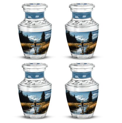 Cornflower Blue Fishing Cremation Urn back view with polished surface - artistic fishing interpretation with creative detail - 10 inch aluminum urn for cremated remains