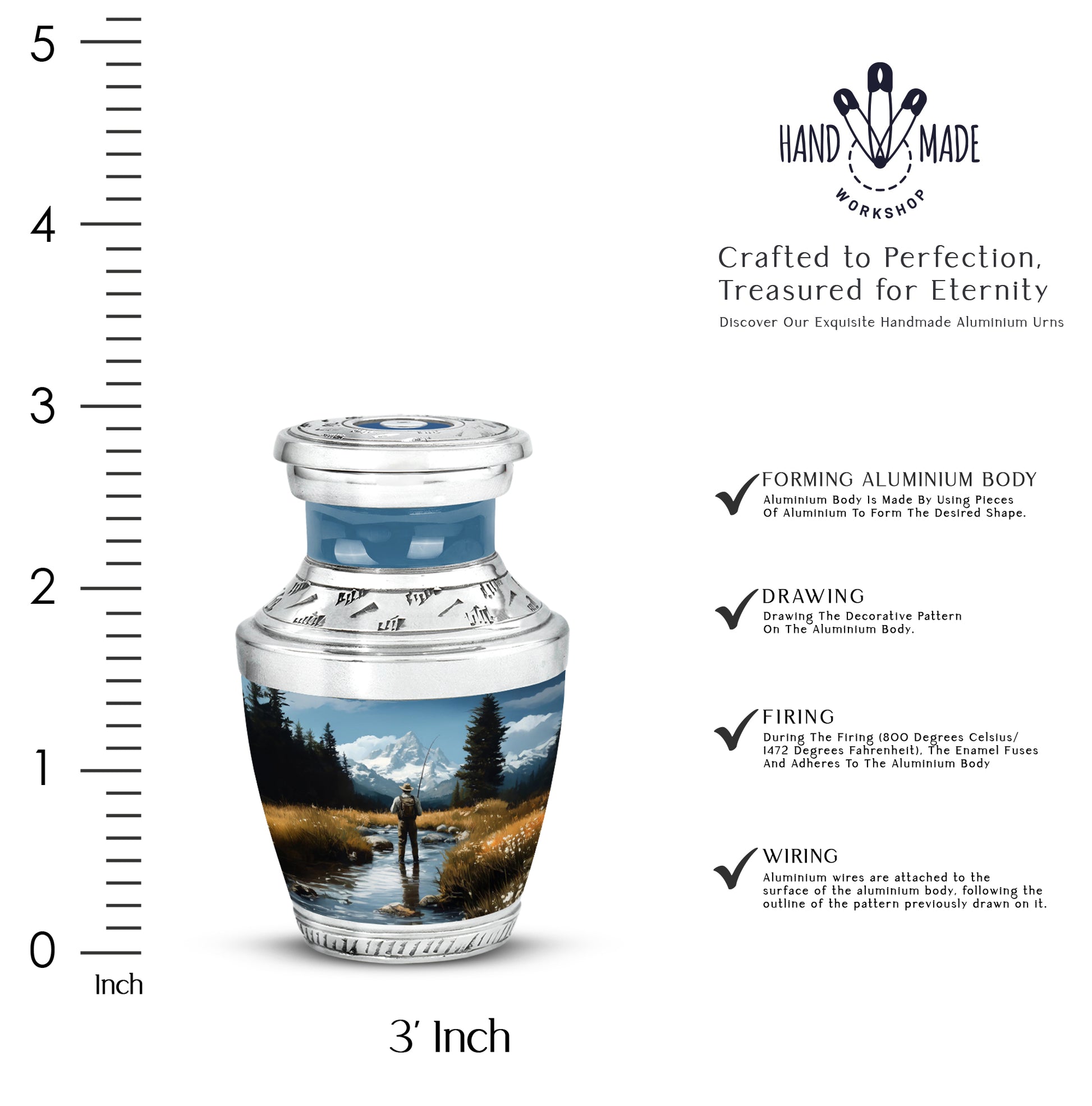 Indigo Fishing Cremation Urn top-down view of secure threaded lid - modern art-inspired fishing motif on sleek aluminum - mini keepsake memorial for portion of cremation ashes
