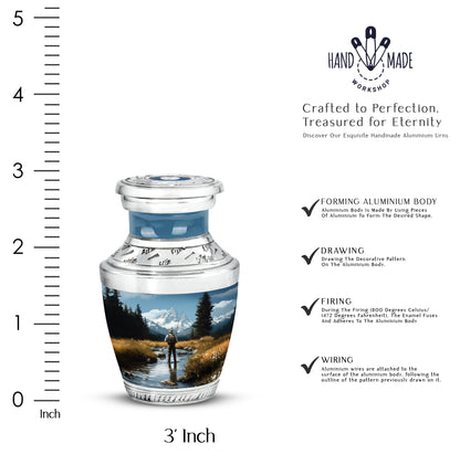Indigo Fishing Cremation Urn top-down view of secure threaded lid - modern art-inspired fishing motif on sleek aluminum - mini keepsake memorial for portion of cremation ashes
