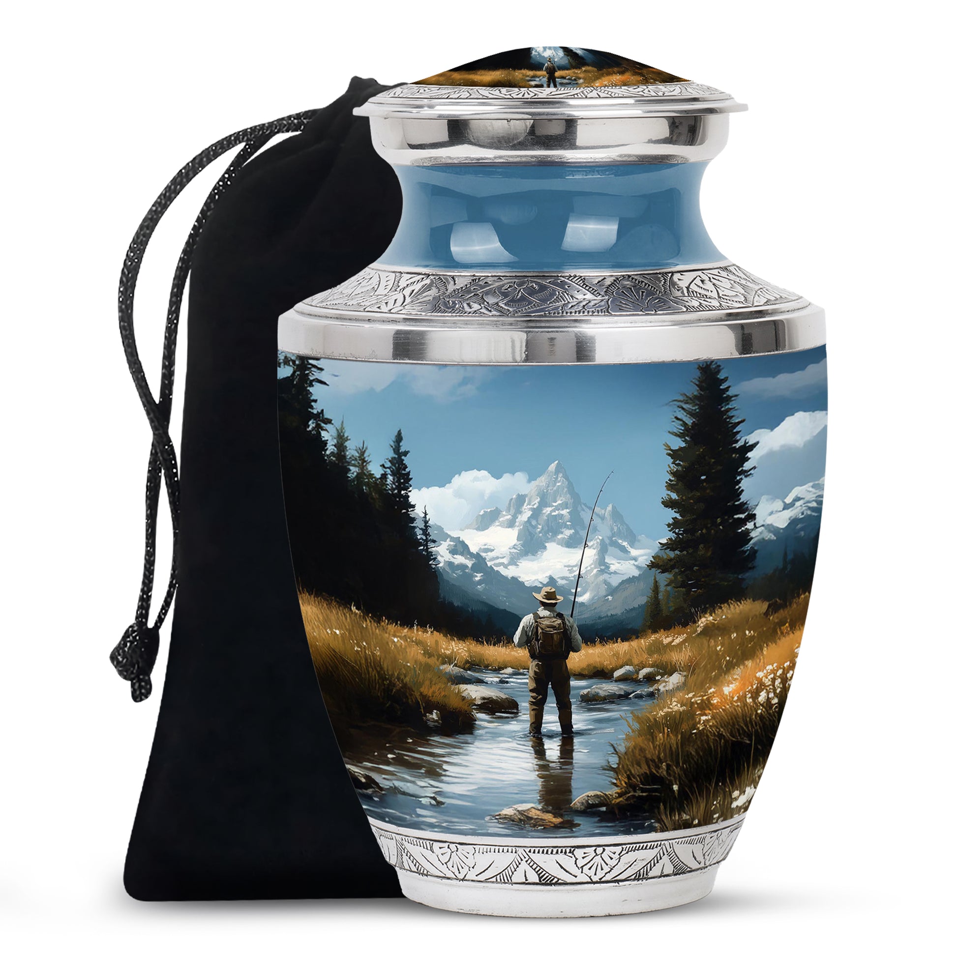 Icy Blue Fishing Cremation Urn side profile showing urn shape - contemporary fishing design with modern artistic flair - full-size 10 inch 200 cubic inch adult cremation urn