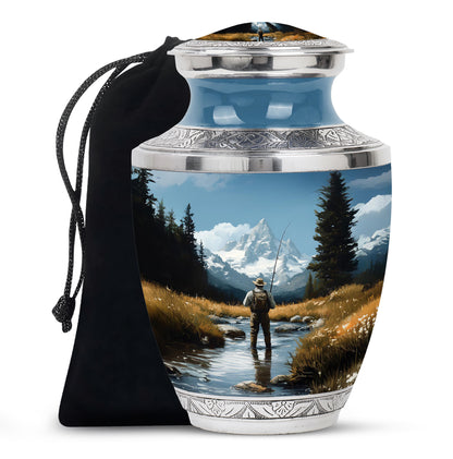 Icy Blue Fishing Cremation Urn side profile showing urn shape - contemporary fishing design with modern artistic flair - full-size 10 inch 200 cubic inch adult cremation urn