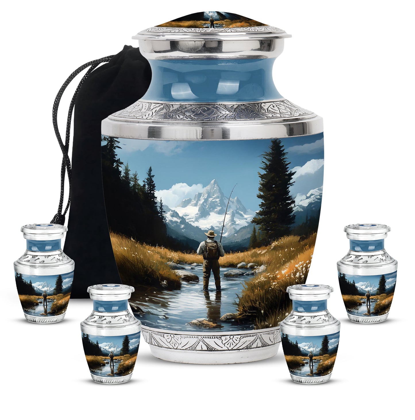 Indigo Fishing Cremation Urn lifestyle display on memorial shelf - contemporary fishing design with modern artistic flair - memorial set with one large and four small urns