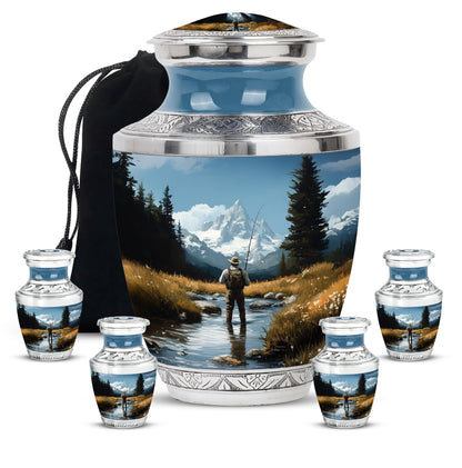 Indigo Fishing Cremation Urn lifestyle display on memorial shelf - contemporary fishing design with modern artistic flair - memorial set with one large and four small urns