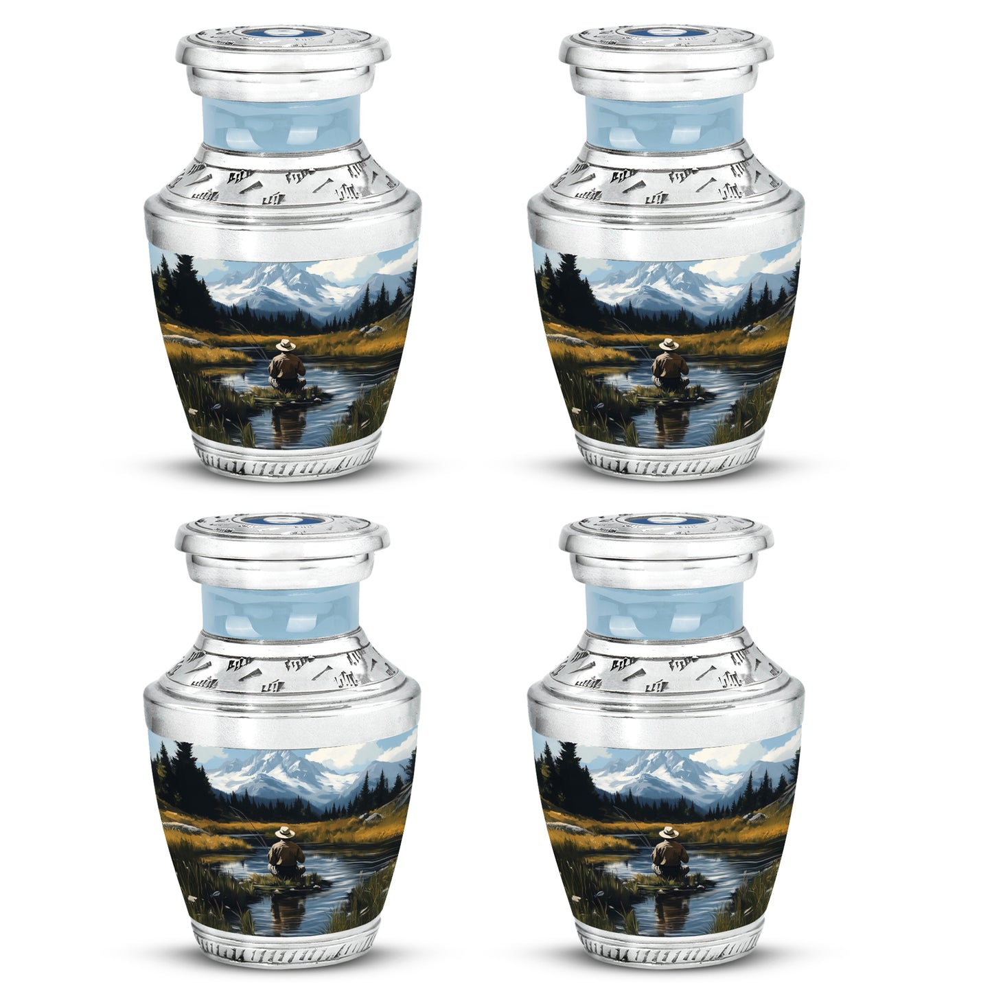 Pastel Blue Fishing Cremation Urn back view with polished surface - modern art-inspired fishing motif on sleek aluminum - 10 inch aluminum urn for cremated remains