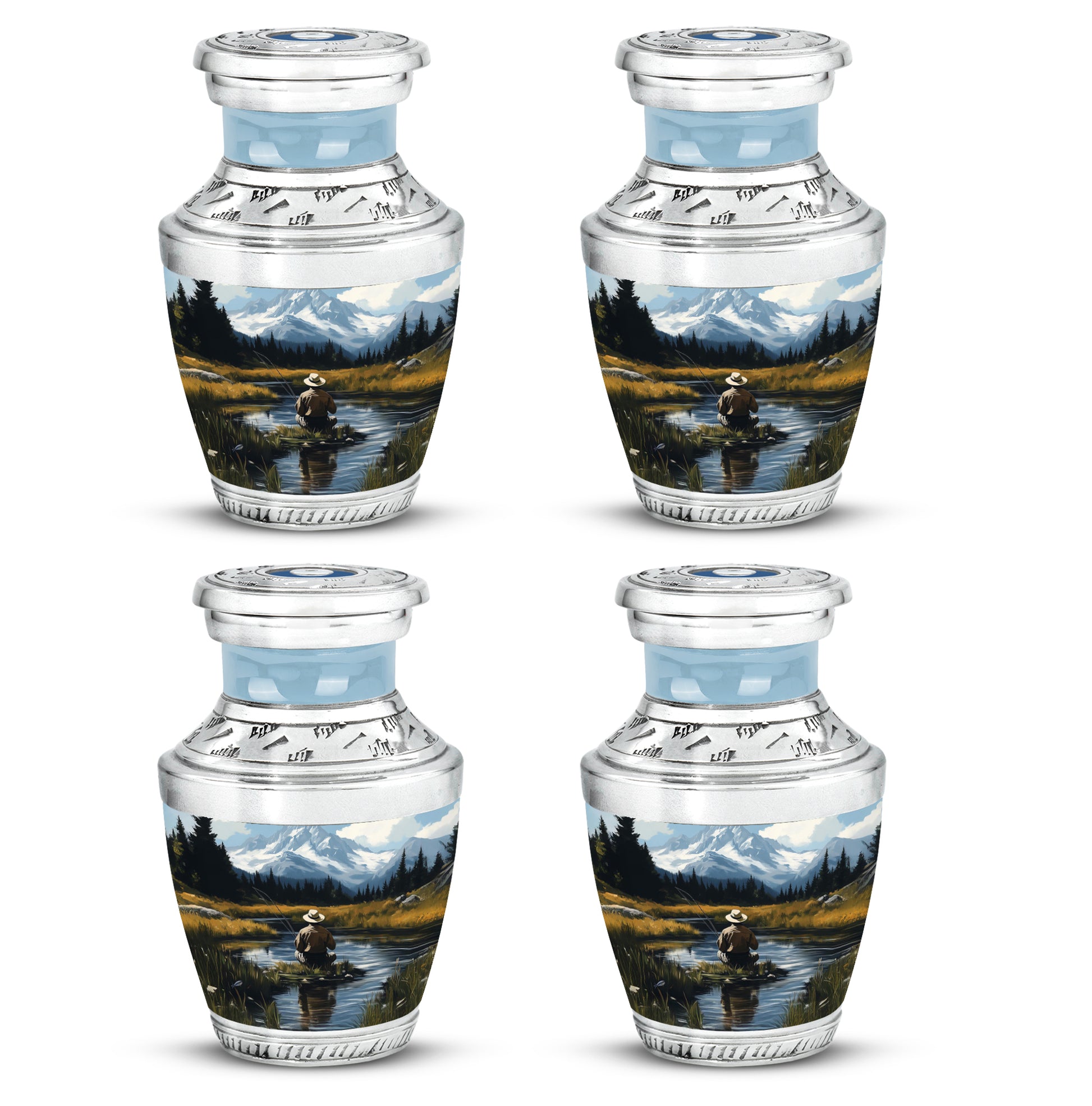 Pastel Blue Fishing Cremation Urn back view with polished surface - modern art-inspired fishing motif on sleek aluminum - 10 inch aluminum urn for cremated remains