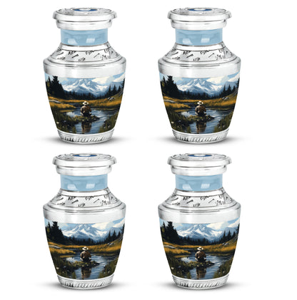 Pastel Blue Fishing Cremation Urn back view with polished surface - modern art-inspired fishing motif on sleek aluminum - 10 inch aluminum urn for cremated remains