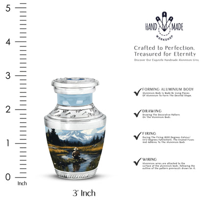 Vivid Blue Fishing Cremation Urn top-down view of secure threaded lid - stylized abstract fishing pattern with bold lines - mini keepsake memorial for portion of cremation ashes