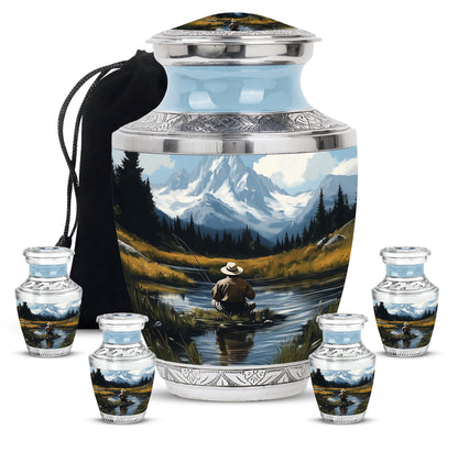 Sky Blue Fishing Cremation Urn lifestyle display on memorial shelf - modern art-inspired fishing motif on sleek aluminum - memorial set with one large and four small urns