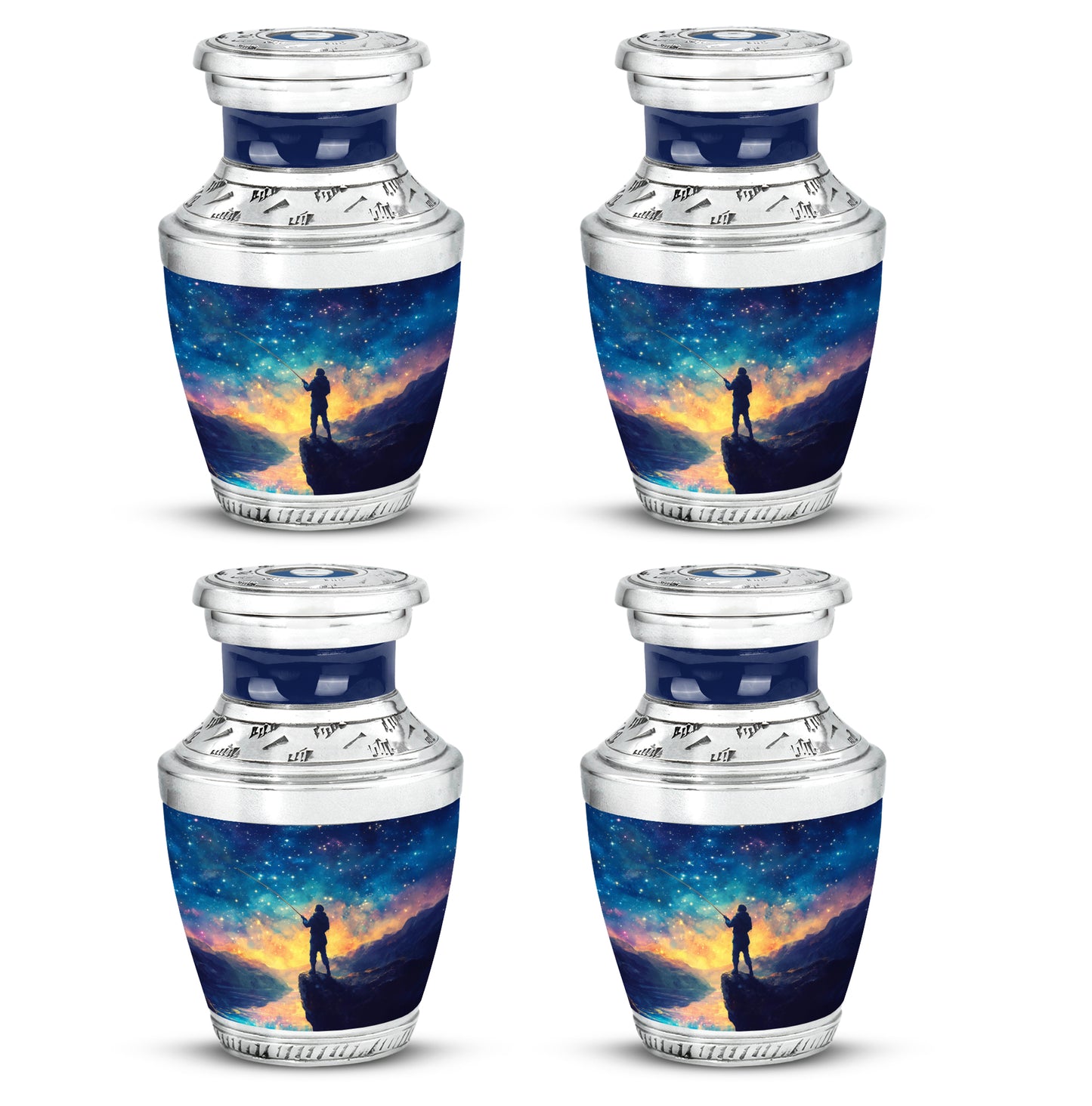 Royal Blue Fishing Cremation Urn back view with polished surface - artistic fishing interpretation with creative detail - 10 inch aluminum urn for cremated remains
