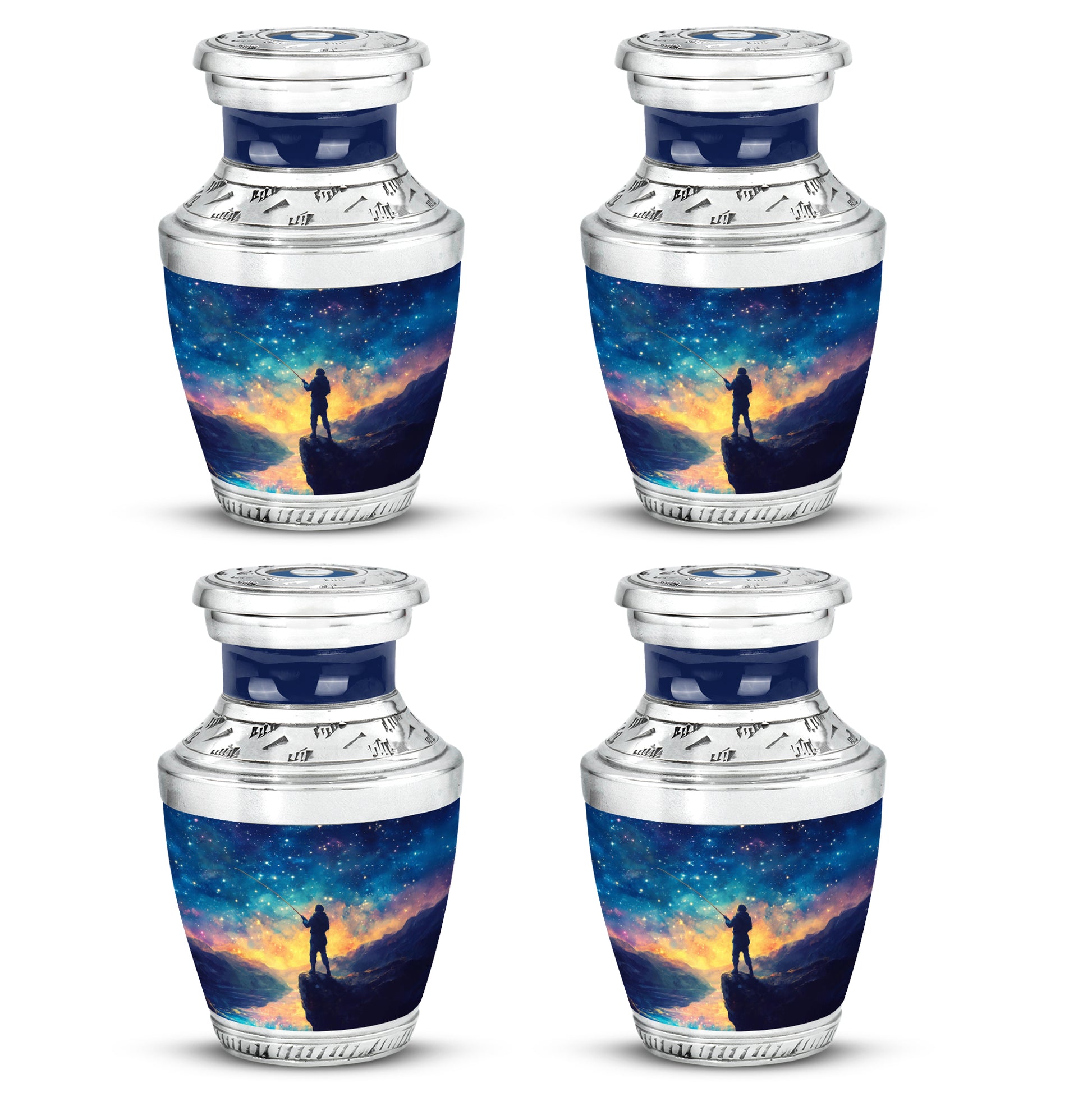 Royal Blue Fishing Cremation Urn back view with polished surface - artistic fishing interpretation with creative detail - 10 inch aluminum urn for cremated remains