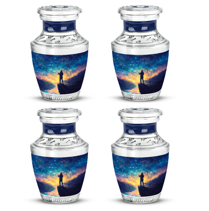 Royal Blue Fishing Cremation Urn back view with polished surface - artistic fishing interpretation with creative detail - 10 inch aluminum urn for cremated remains