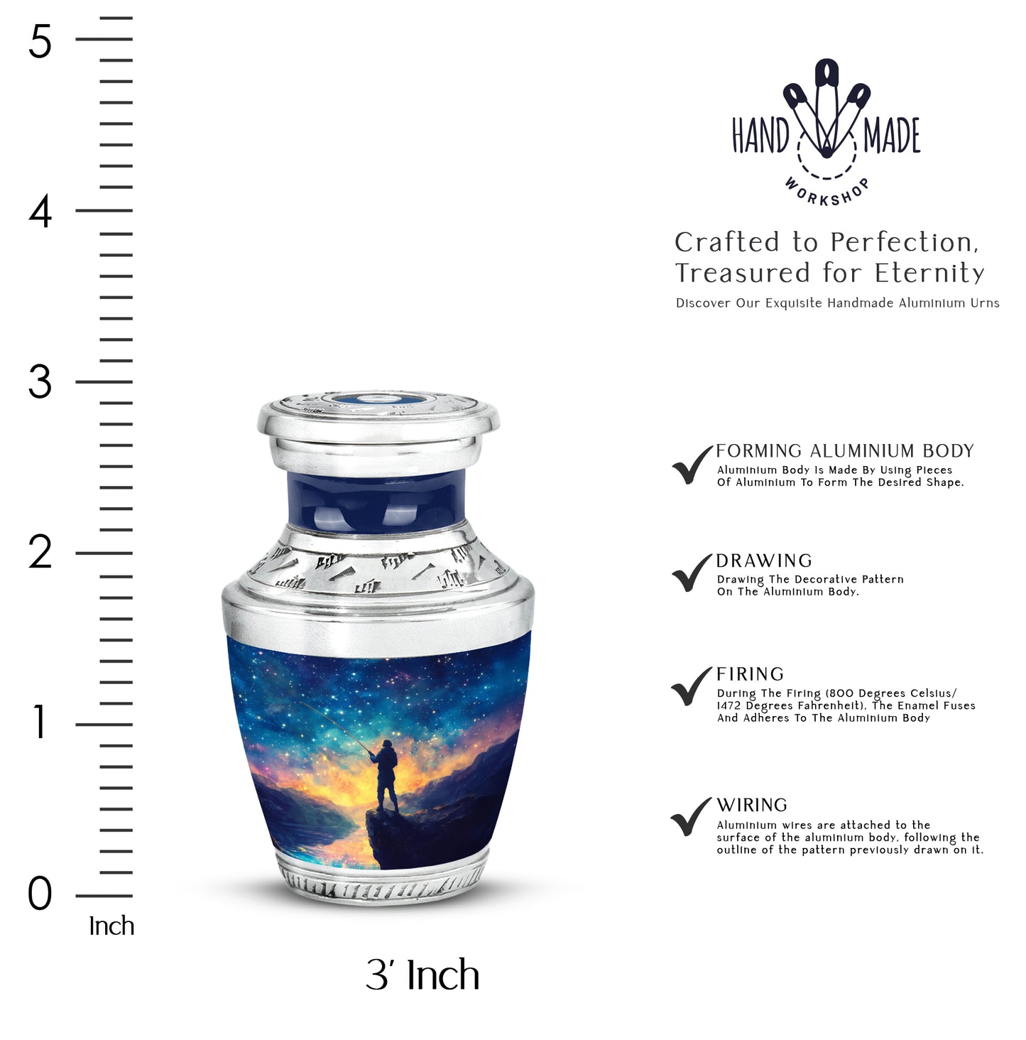 Slate Blue Fishing Cremation Urn top-down view of secure threaded lid - modern art-inspired fishing motif on sleek aluminum - mini keepsake memorial for portion of cremation ashes