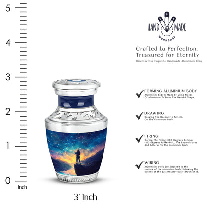 Slate Blue Fishing Cremation Urn top-down view of secure threaded lid - modern art-inspired fishing motif on sleek aluminum - mini keepsake memorial for portion of cremation ashes