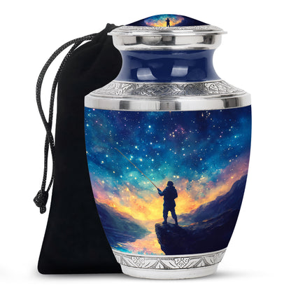 Calming Blue Fishing Cremation Urn side profile showing urn shape - stylized abstract fishing pattern with bold lines - full-size 10 inch 200 cubic inch adult cremation urn