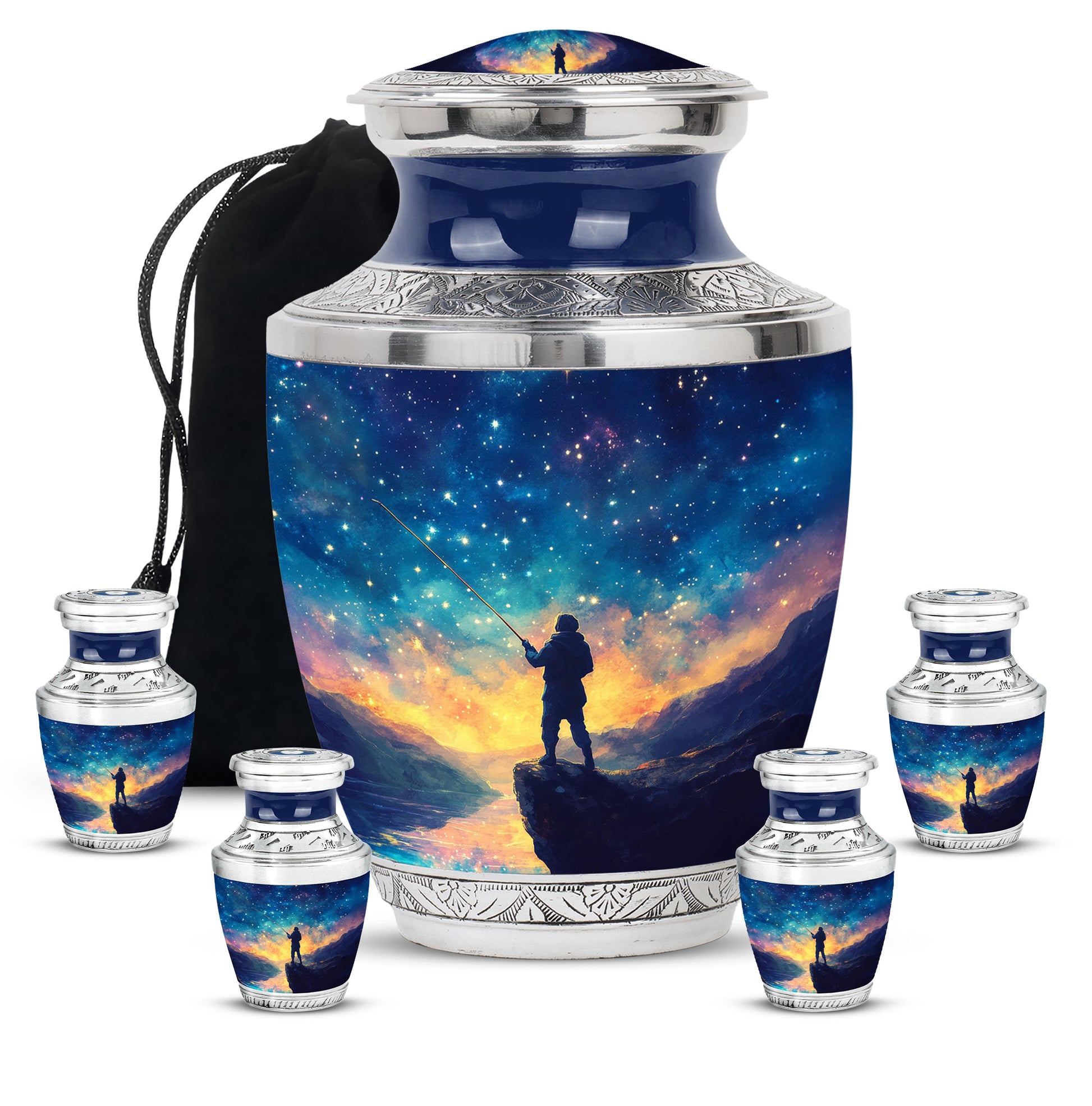 Sky Blue Fishing Cremation Urn lifestyle display on memorial shelf - contemporary fishing design with modern artistic flair - memorial set with one large and four small urns