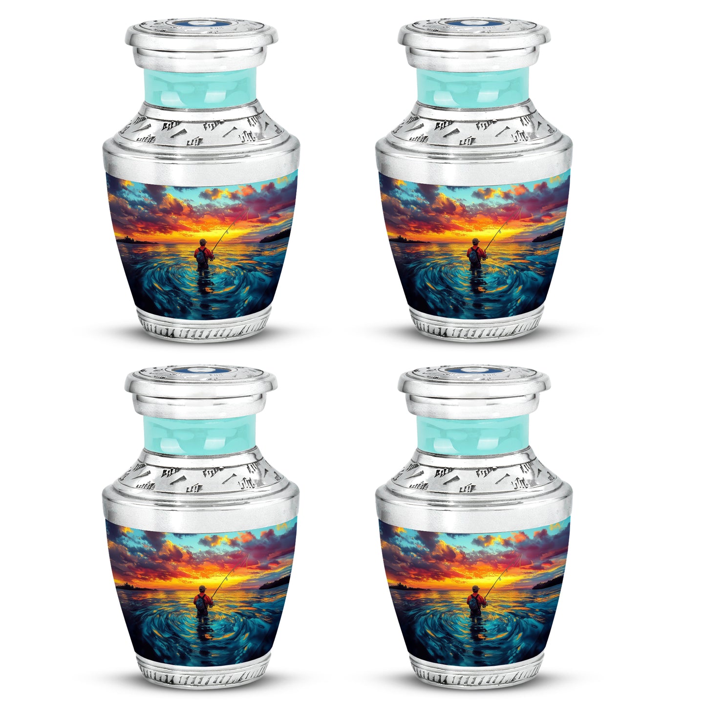 Vivid Teal Fishing Cremation Urn back view with polished surface - stylized abstract fishing pattern with bold lines - 10 inch aluminum urn for cremated remains