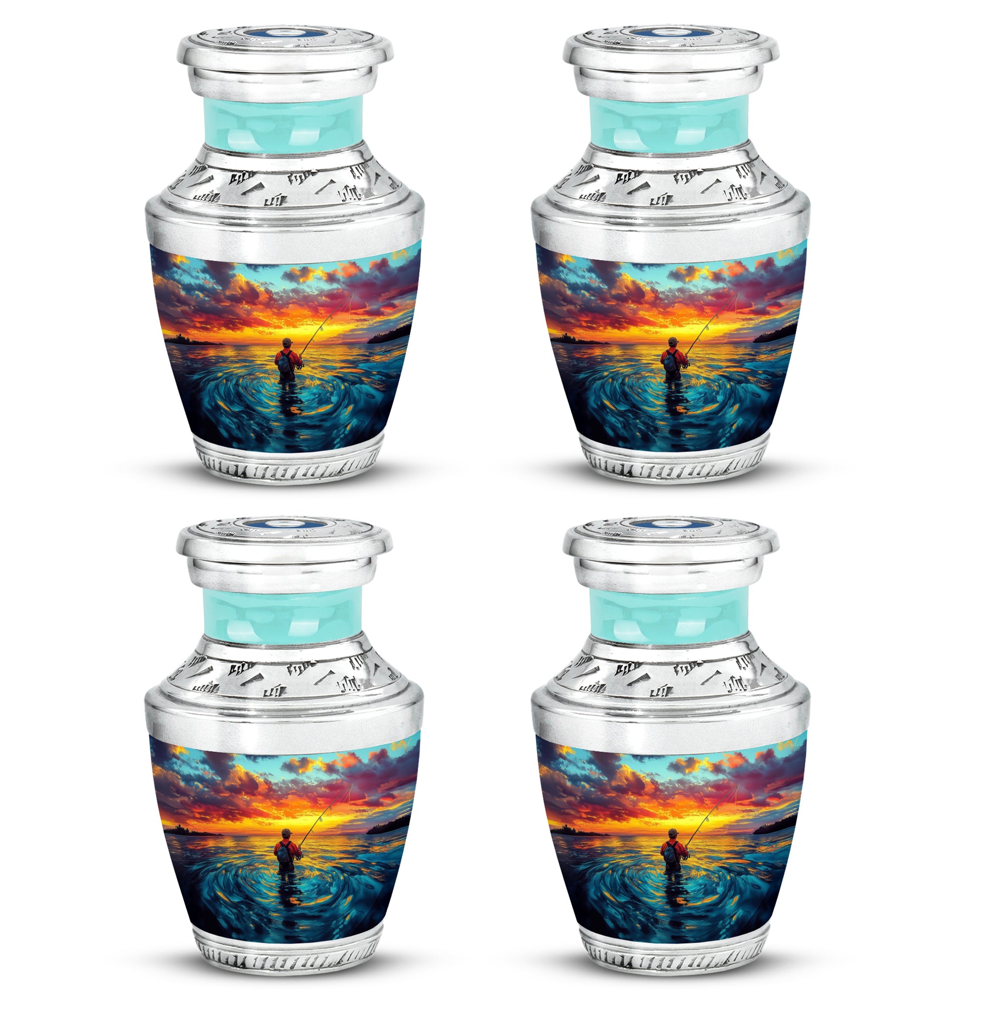 Vivid Teal Fishing Cremation Urn back view with polished surface - stylized abstract fishing pattern with bold lines - 10 inch aluminum urn for cremated remains