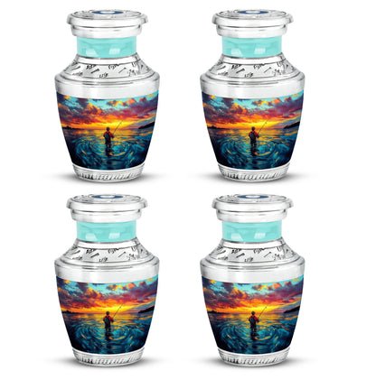 Vivid Teal Fishing Cremation Urn back view with polished surface - stylized abstract fishing pattern with bold lines - 10 inch aluminum urn for cremated remains