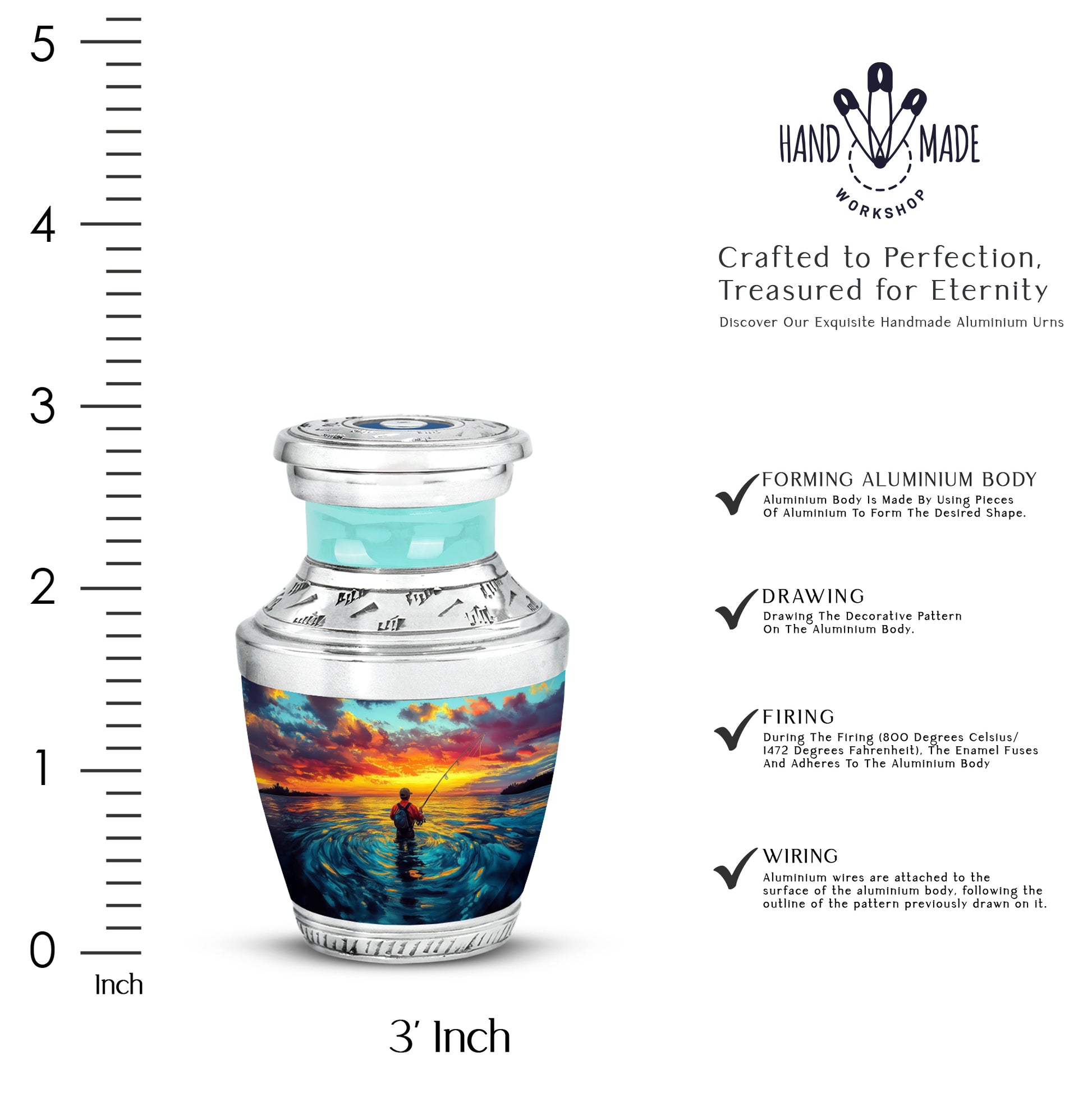 Sea Green Teal Fishing Cremation Urn top-down view of secure threaded lid - contemporary fishing design with modern artistic flair - mini keepsake memorial for portion of cremation ashes
