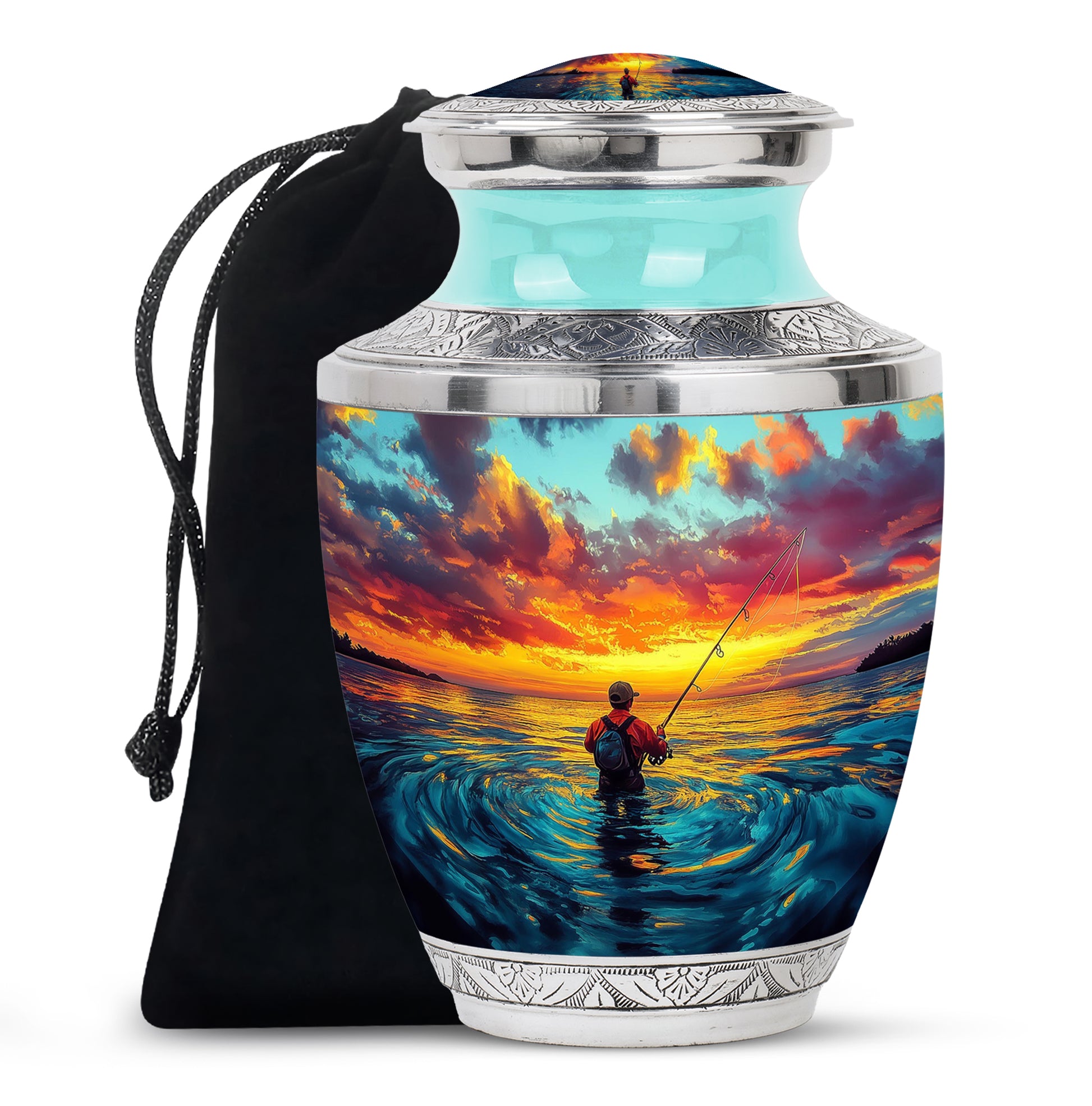 Ocean Teal Fishing Cremation Urn side profile showing urn shape - modern art-inspired fishing motif on sleek aluminum - full-size 10 inch 200 cubic inch adult cremation urn
