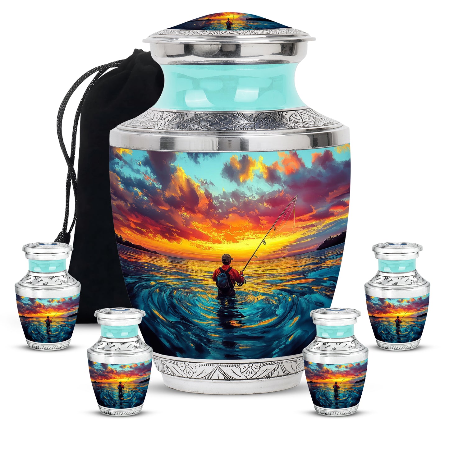 Tropical Teal Fishing Cremation Urn lifestyle display on memorial shelf - artistic fishing interpretation with creative detail - memorial set with one large and four small urns