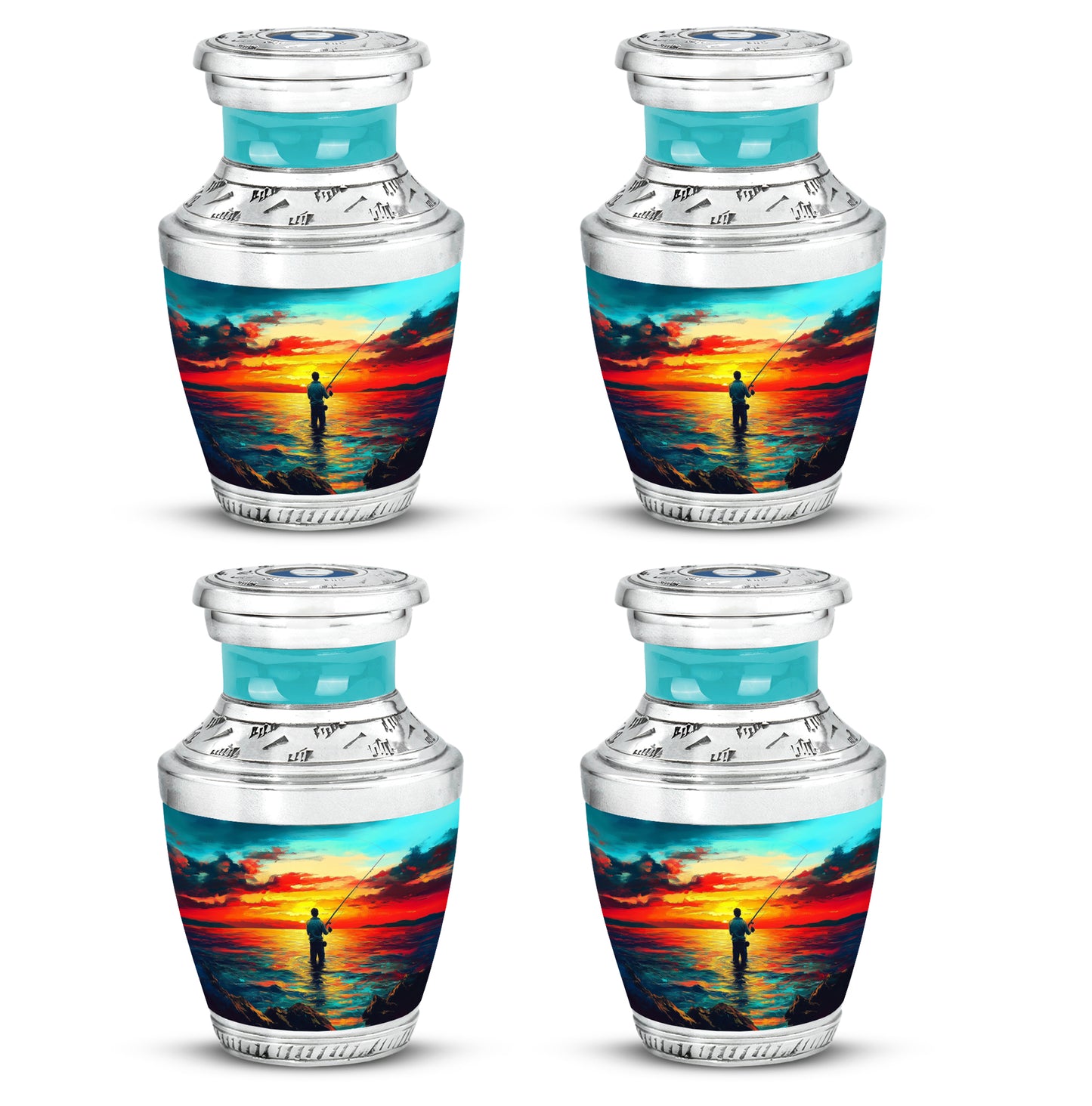 Soft Teal Fishing Cremation Urn back view with polished surface - modern art-inspired fishing motif on sleek aluminum - 10 inch aluminum urn for cremated remains