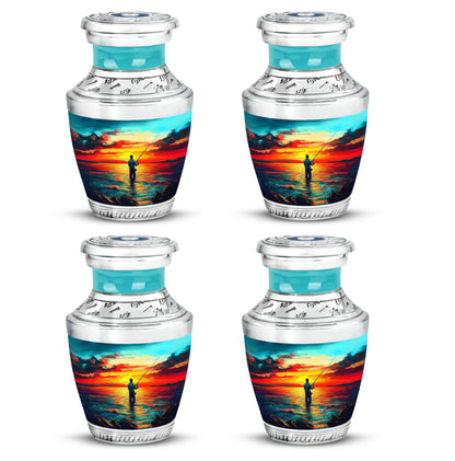 Soft Teal Fishing Cremation Urn back view with polished surface - modern art-inspired fishing motif on sleek aluminum - 10 inch aluminum urn for cremated remains