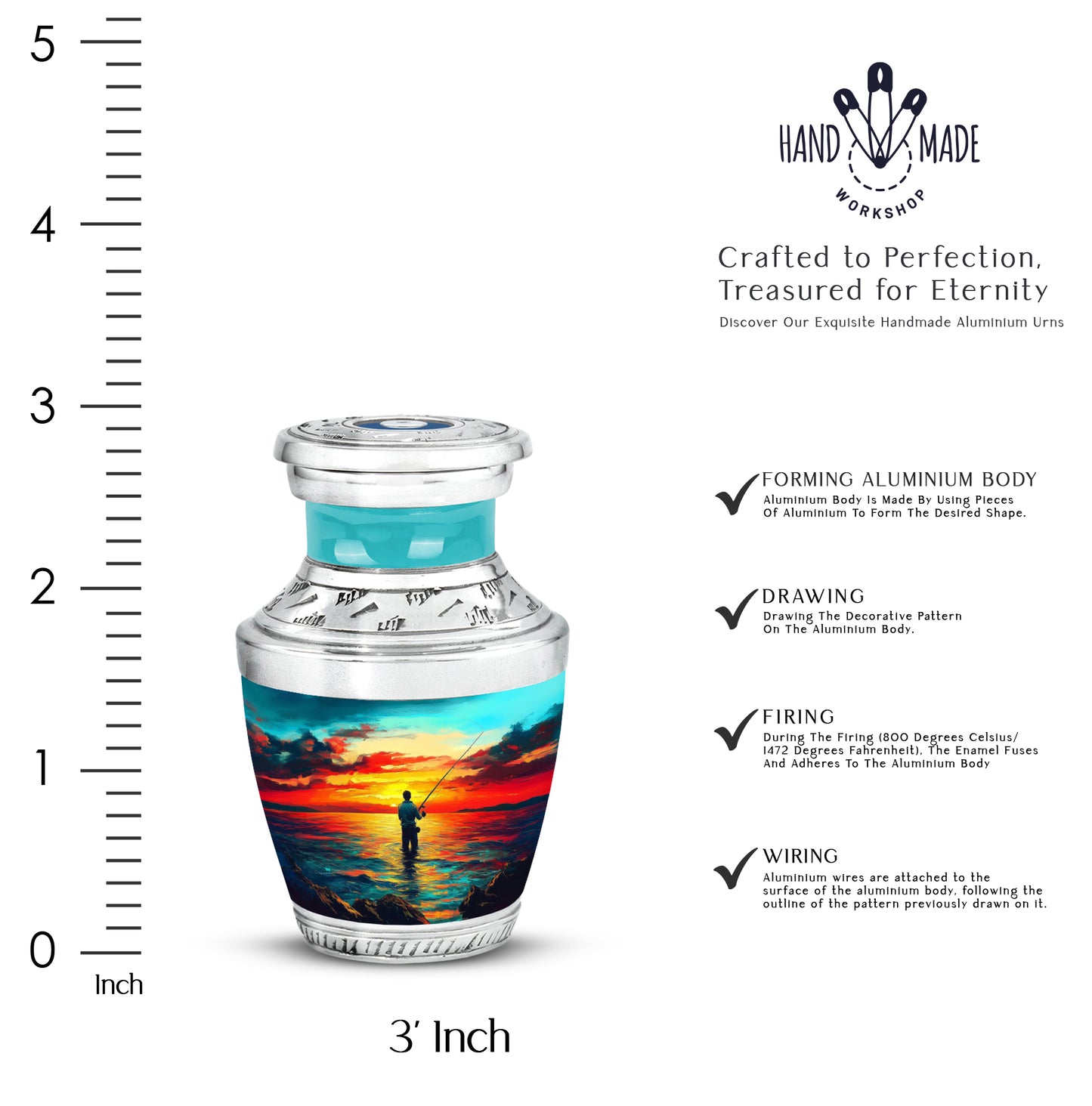 Sea Green Teal Fishing Cremation Urn top-down view of secure threaded lid - modern art-inspired fishing motif on sleek aluminum - mini keepsake memorial for portion of cremation ashes