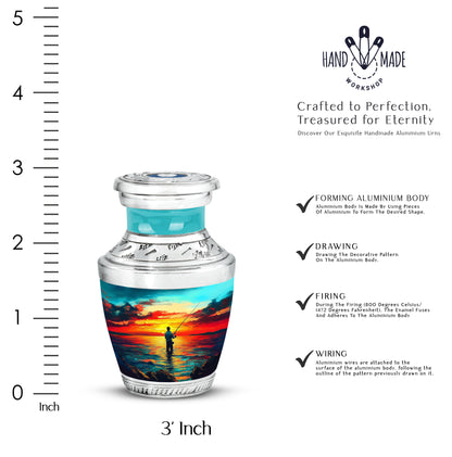 Sea Green Teal Fishing Cremation Urn top-down view of secure threaded lid - modern art-inspired fishing motif on sleek aluminum - mini keepsake memorial for portion of cremation ashes