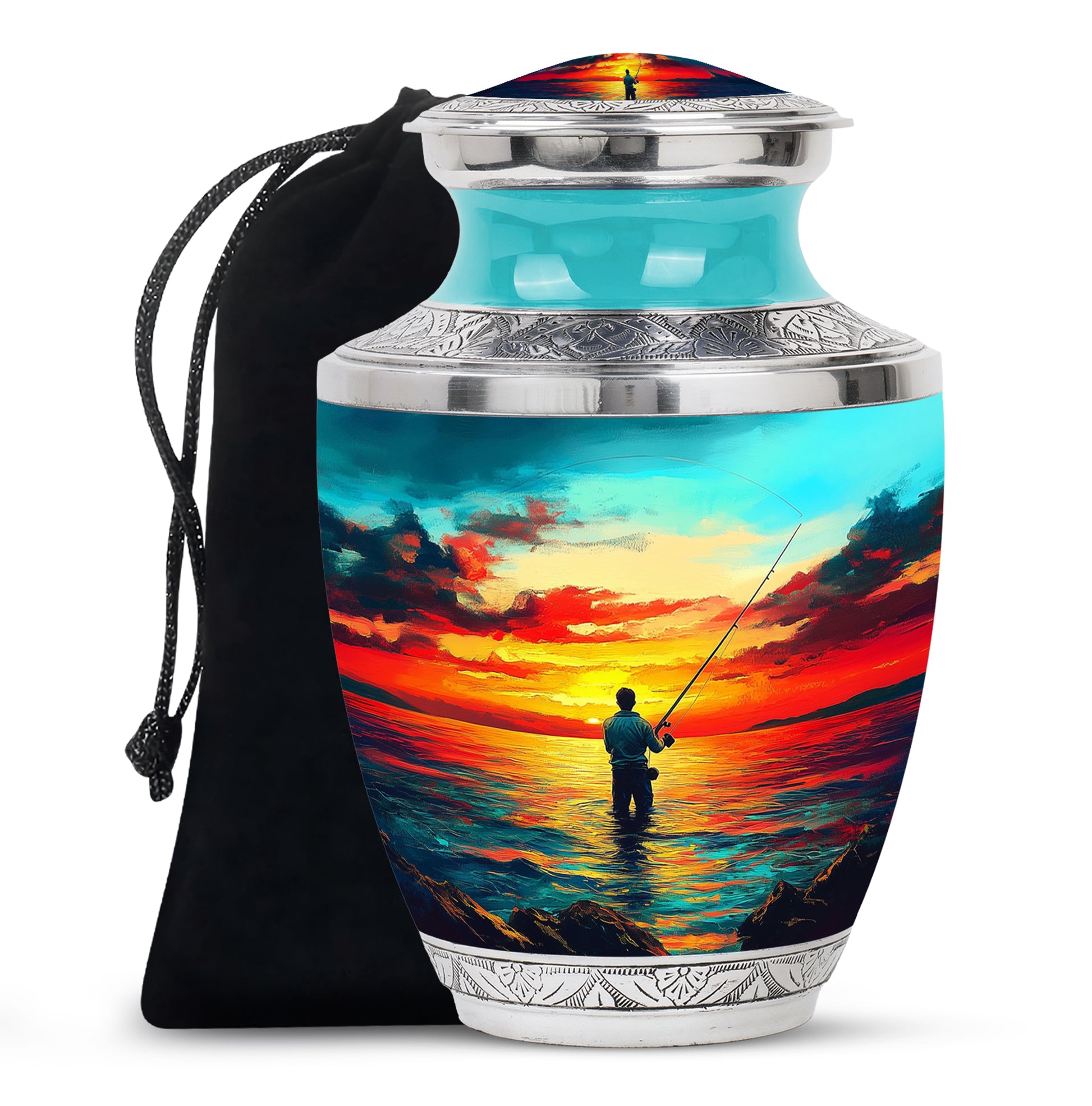Mystic Teal Fishing Cremation Urn side profile showing urn shape - artistic fishing interpretation with creative detail - full-size 10 inch 200 cubic inch adult cremation urn