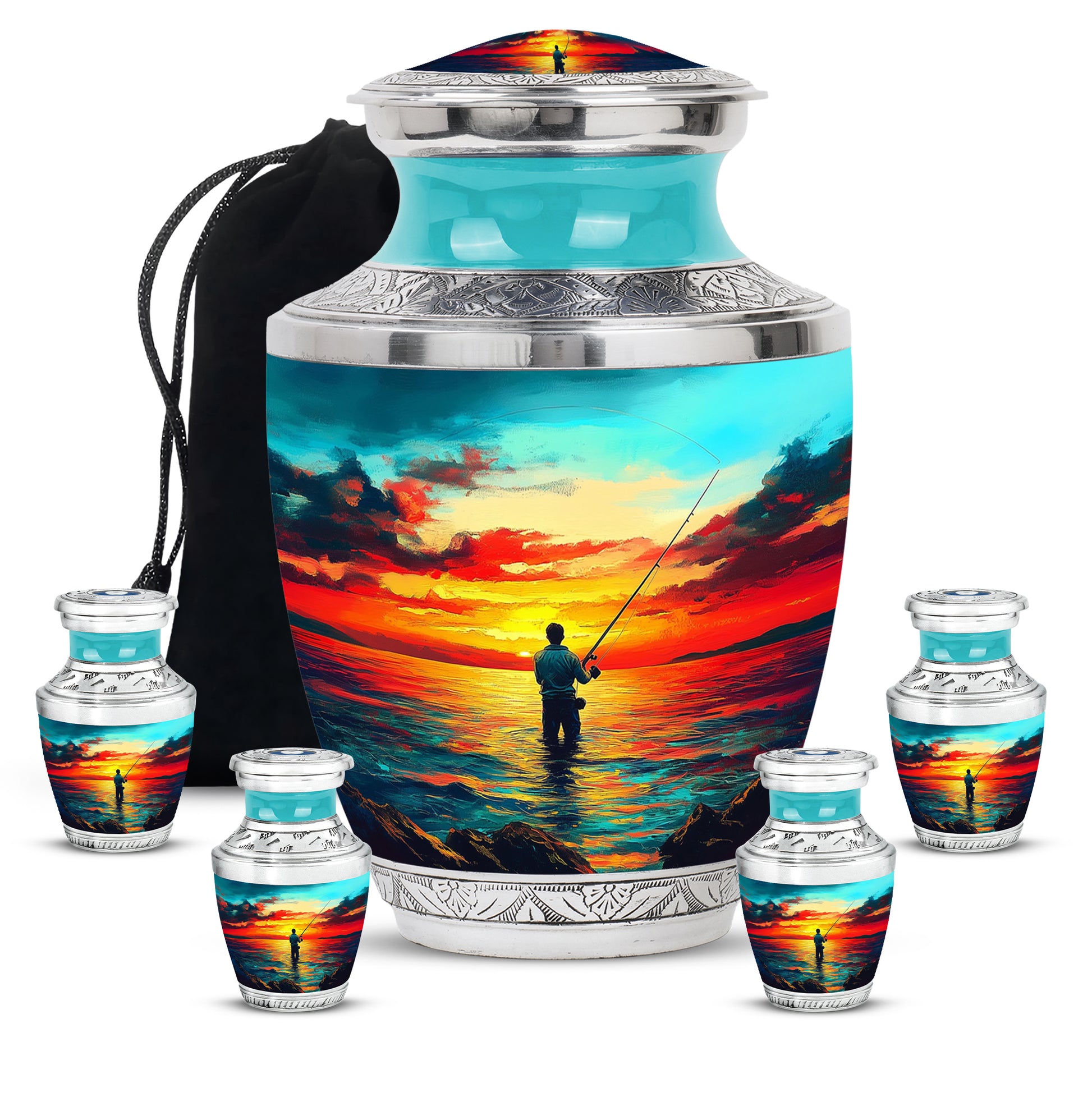 Aqua Teal Fishing Cremation Urn lifestyle display on memorial shelf - stylized abstract fishing pattern with bold lines - memorial set with one large and four small urns