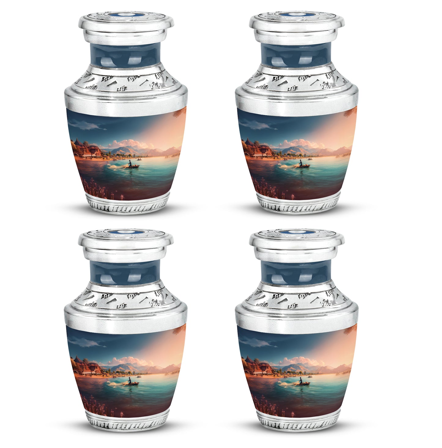 Icy Blue Fishing Cremation Urn back view with polished surface - contemporary fishing design with modern artistic flair - 10 inch aluminum urn for cremated remains