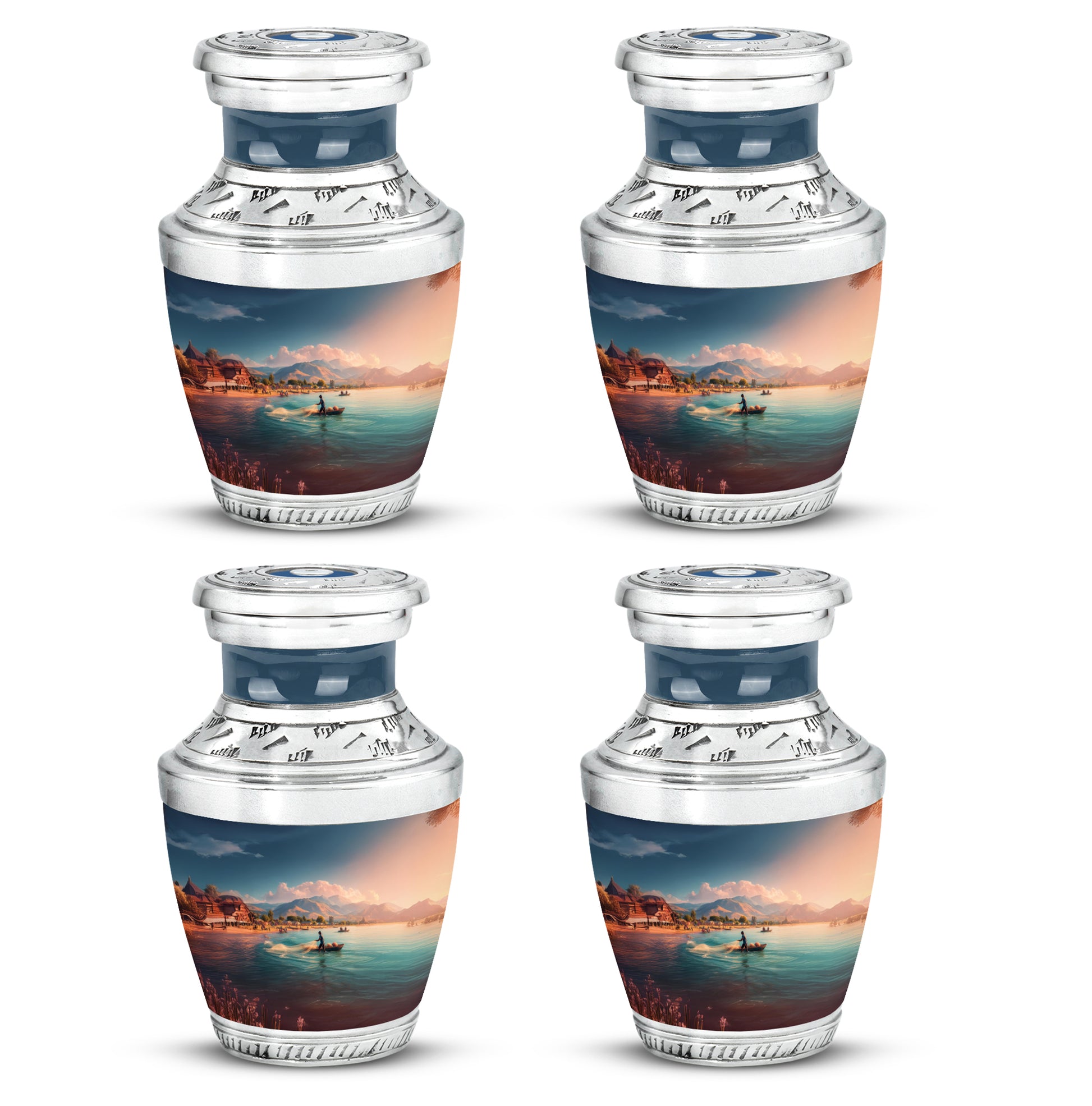 Icy Blue Fishing Cremation Urn back view with polished surface - contemporary fishing design with modern artistic flair - 10 inch aluminum urn for cremated remains