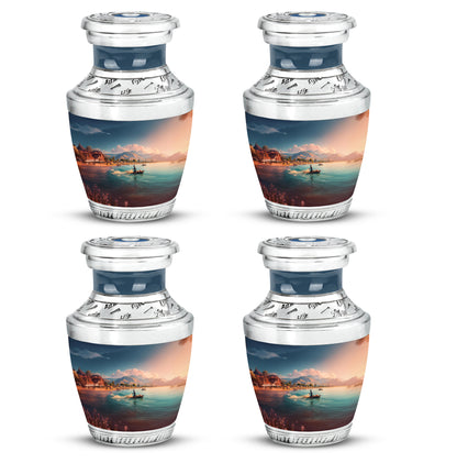 Icy Blue Fishing Cremation Urn back view with polished surface - contemporary fishing design with modern artistic flair - 10 inch aluminum urn for cremated remains