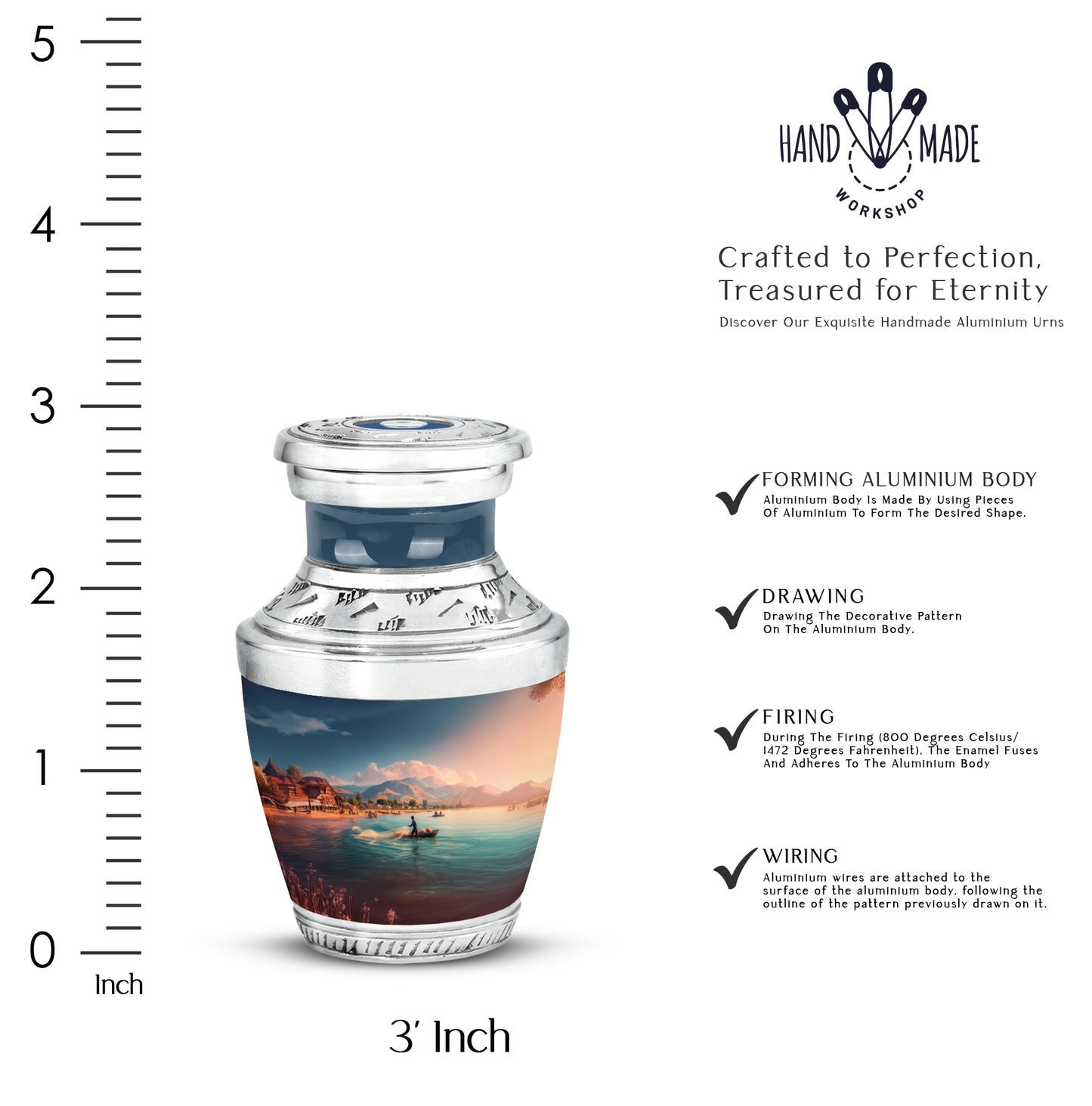 Celestial Blue Fishing Cremation Urn top-down view of secure threaded lid - contemporary fishing design with modern artistic flair - mini keepsake memorial for portion of cremation ashes